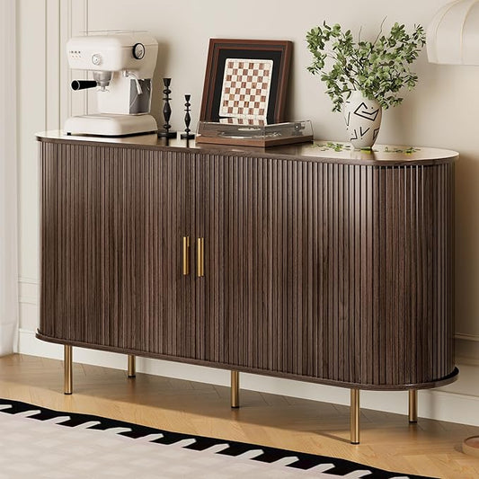 DHH Sideboard Buffet Cabinet with Storage,Mid Century Modern Fluted Accent Coffee Bar Console Table,Tambour Sliding Doors& Adjustable Shelf for Kitchen, Living Room, Entryway(Dark Walnut,55 Inch)