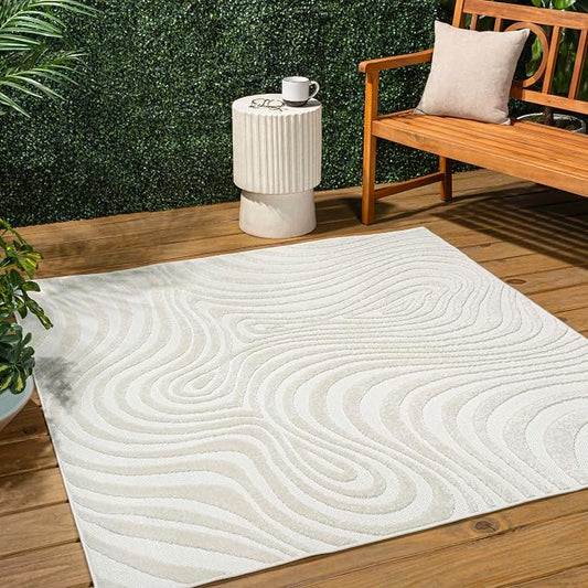 JONATHAN Y Maribo High-Low Abstract Striped Cream/Ivory 7x7 Square Indoor/Outdoor Area Rug, Pet Friendly, Non-Shedding, Stain Resistant, Easy-Cleaning for Backyard, Patio, Porch (SCN103A-7SQ)