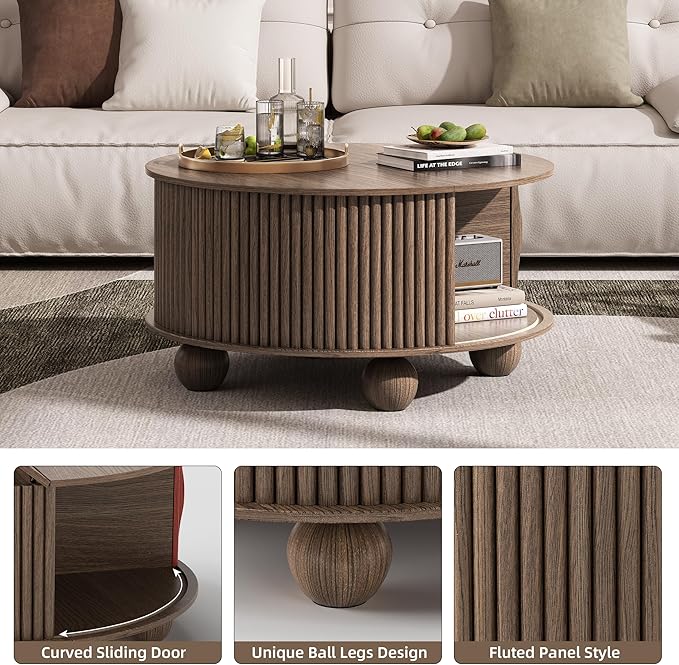 Round Coffee Table with Storage, 31.5" Walnut Fluted Drum Center Table, Mid Century Modern Wood Circle Table with Sliding Door & Bun Feet for Living Room