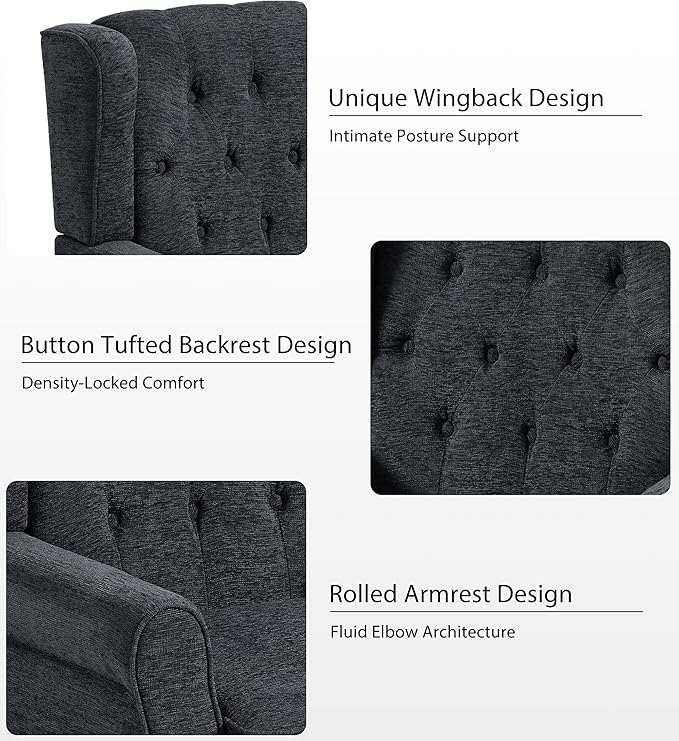 Lumibee High Back Accent Chair,Upholstered Wingback Armchair with Solid Wood Legs for Small Spaces,Comfy Single Sofa Chair for Living Room,Bedroom,Office-Black Blue