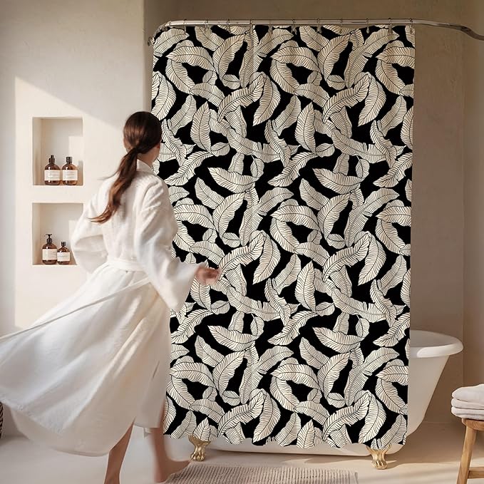 Black and Cream Banana Leaf Shower Curtain – 72x72 Tropical Botanical Fabric Bathroom Curtain, Minimalist Monochrome Design, Modern Printed Decor for Apartments, Guest Baths, or Dorms