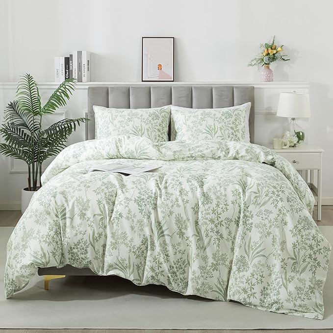 HoneiLife Cotton Duvet Cover Queen - Floral Comforter Cover 3-PC, Botanical Bedlinen Sets with Zipper Closure & Corner Ties, Wildflower Comforter Cover Sets