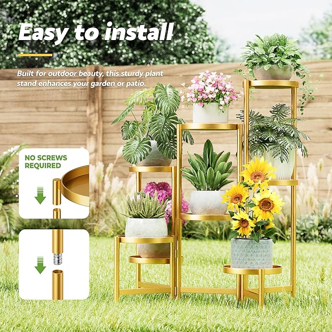 Gold Plant Stand, 8 Tiered Plant Stand Indoor for Multiple Large Planter, Tall Heavy Duty Adjustable Folding Rack with Rustproof 7.9 Inch Wide Tray, Corner Plant Shelf for Balcony - GoldDisk