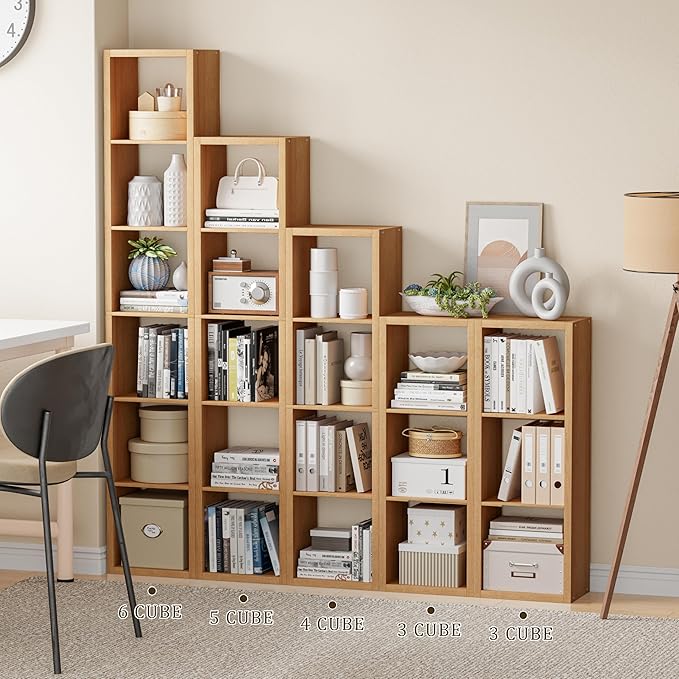 VDNEND Cube Storage Organizer Bookcase, 3 Tier Decorative 11 inch Open Back Cubical Shelf with Thickened Border, Display Bookshelf for Living Room, Home Office, Sturdy Room (Natural Oak, 3 Cube)