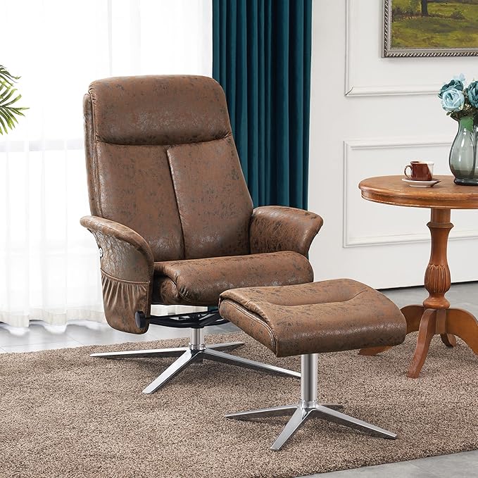 MCombo Swivel Recliner with Ottoman, Modern Heavy-Duty Aluminum Base, Faux Leather Lounge Chair for Small Space, Living Room, or Office 4603 (Brown)