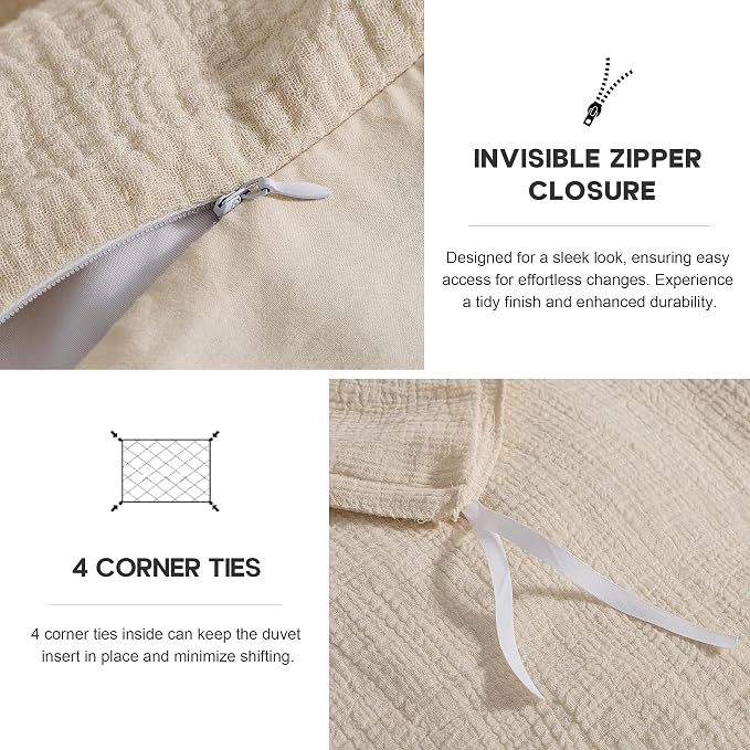 Simple&Opulence Linen Muslin Duvet Cover Set Twin Size, 3Pcs Khaki Linen Cotton 3-Layer Gauze Minimalist Comforter Cover 68”x86”, Ultra Soft Breathable Seersucker Bedding Set with 1 Pillowcase