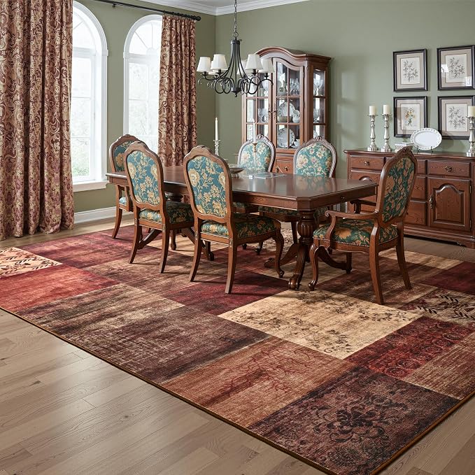 Tepook Modern Area Rug for Living Room, 5x7 Geometric Large Rugs for Bedroom, Washable Patchwork Rug Indoor Non-Slip Throw Carpets for Dining Room Office Farmhouse Home Decor, Red