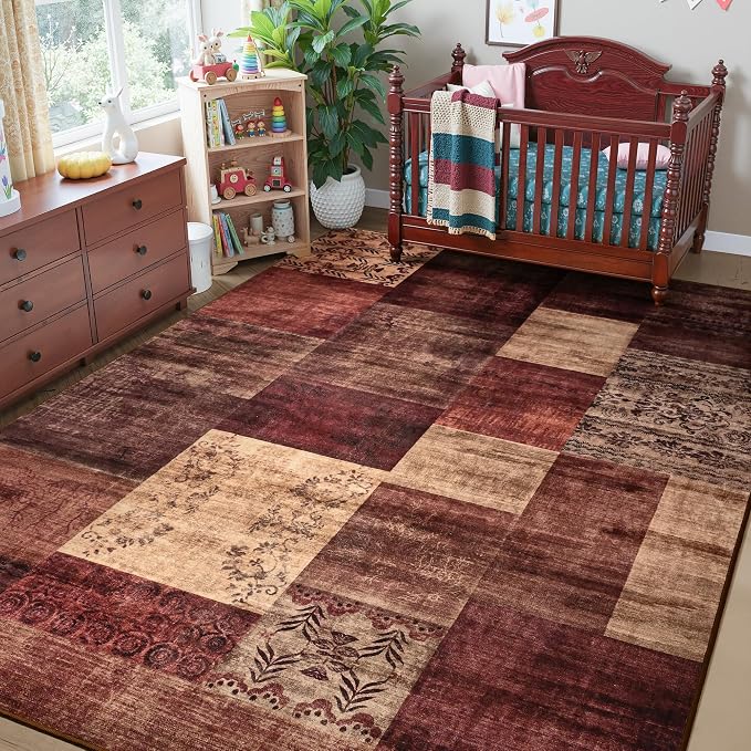 Tepook Modern Area Rug for Living Room, 8x10 Geometric Large Rugs for Bedroom, Washable Patchwork Rug Indoor Non-Slip Throw Carpets for Dining Room Office Farmhouse Home Decor, Red
