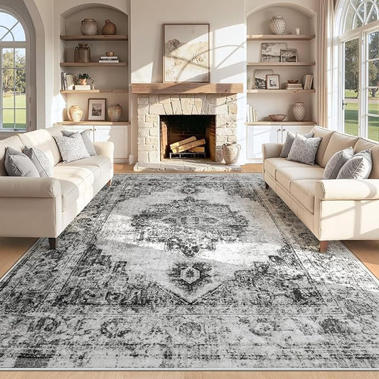 Area Rug 8x10 Vintage Rugs: Large Washable Indoor Medallion Rug Low Pile Distressed Floor Carpet Retro Accent Rugs for Living Room Bedroom Kitchen Dining Table Home Office(Black, 8'x10')