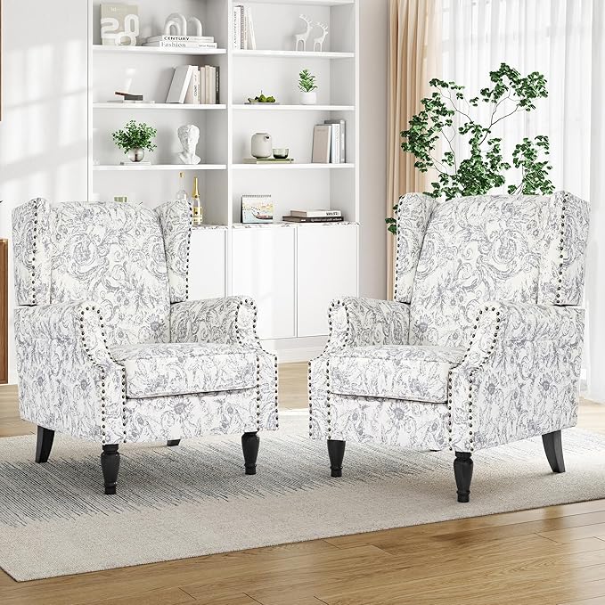 Pia Ricco High Back Floral Accent Chair - Retro Wingback Upholstered Armchair with Nailhead Trim, Solid Wood Legs, Fabric Living Room Bedroom Reading Chair (Rococo Light Gray)
