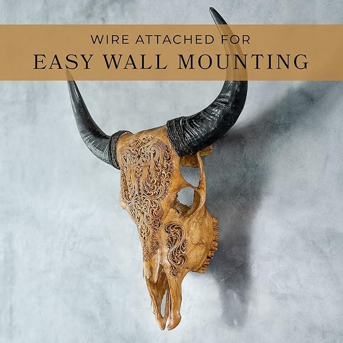 Skull Bliss - Hand-Carved Real Authentic Taxidermy Cow Skull/Bull Skull Wall Decor with Horns/Real Animal Cow Skull Wall Decor (Hand-Carved Horns)