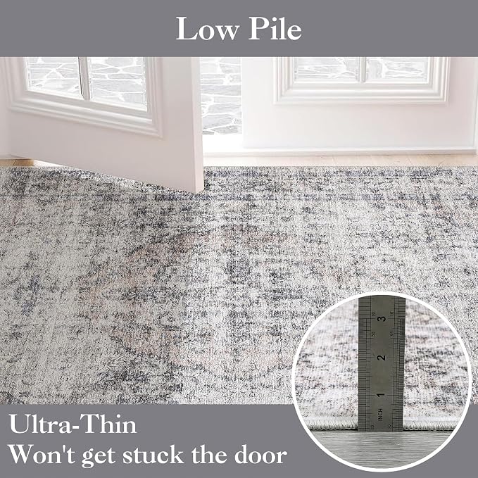 Washable 5x7 Area Rugs for Living Room Low Pile Boho Small Carpet Soft Bedroom Rug Vintage Distressed Indoor Rugs Non Shedding Thin Retro Carpet for Kitchen Nursery Dining Room, Beige