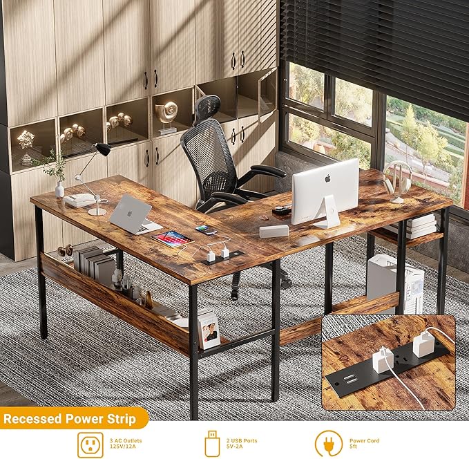 Unikito L Shaped Computer Desk with Magic Power Outlets and USB Charging Port, Sturdy Reversible Corner Desk with Storage Shelves, Modern Work Desk for Home Office, Easy to Assemble, Rustic Brown
