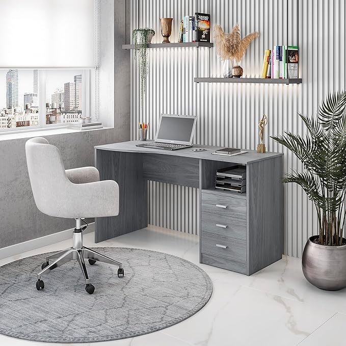 51" W Classic Computer Desk with Drawers, 3-Drawer Home Office Desk with Storage, Grey