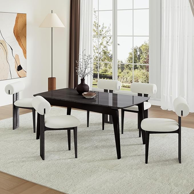 Upholstered Kitchen & Dining Room Table Chairs Set of 2, Solid Wood White Mid Century Dining Chairs with Boucle Upholstery, Cylindrical Backrest for Vanity, Living Room, Office, White & Black