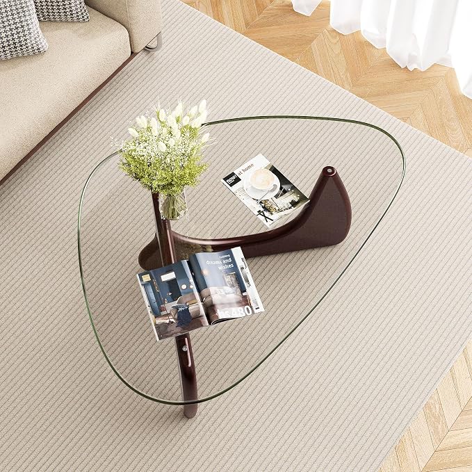 Modern Glass Coffee Table, Mid Century Triangle Coffee Table for Living Room Bedroom Reception Office Tables (Dark Walnut, Small (32.3"x22.8"x16.1"))