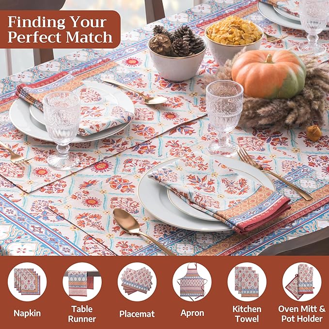 Maison d' Hermine Table Cloth Rectangle Table 100% Cotton 60 x 90 Inches Fall Tablecloth Reusable Everyday Use for Thanksgiving Christmas Decorations Dining Farmhouse Party (Romane)