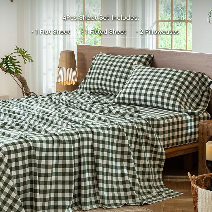 MooMee Gingham Sheet Set 100% Washed Cotton Linen Like Textured Breathable Soft w/Fully Elasticized 16-19" Deep Pocket (Buffalo Plaid Forest Green, Queen)
