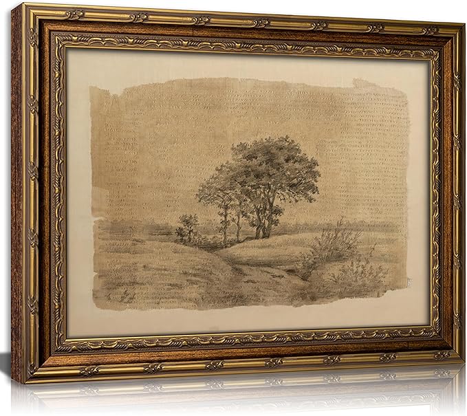Vintage Gold Framed Sepia Country Landscape Sketch Wall Art, Rustic Tree Grove Canvas Prints, Antique Rural Path Drawing Poster Artwork for Modern Farmhouse Living Room Office Wall Decor，16x24in