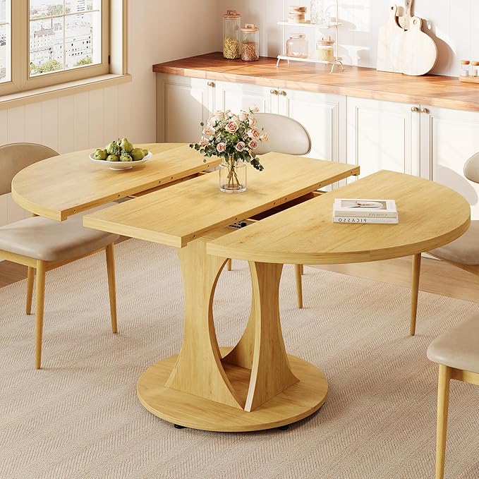 Einhomn 59" Extendable Round Dining Table for 6-8, Kitchen Table with Sturdy Double Arc Base & Backboard Clasp Desktop, Mid-Century Modern Dinner Table, Kitchen Dining Room, Space Saving, Natrual
