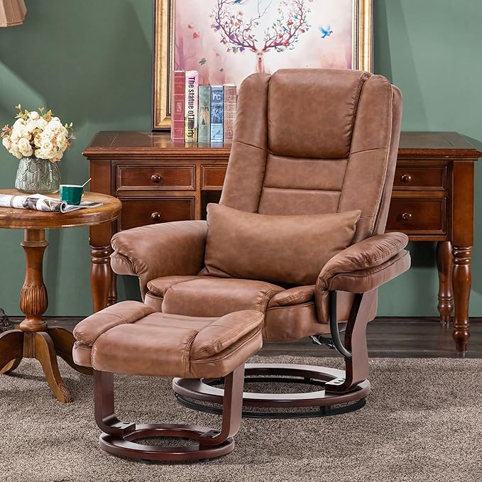MCombo Swivel Recliner with Ottoman Chair, TV Chair Sets with Vibration Massage, for Small Space Living Room Bedroom 9096 9099 (Faux Leather, Saddle)
