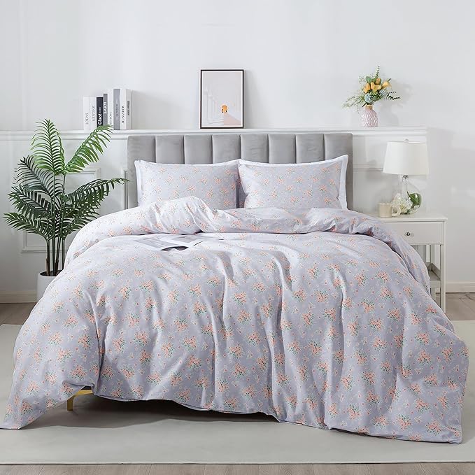 HoneiLife Wildflower Duvet Cover Queen - 100% Cotton Comforter Cover Sets, 3-PC Floral Duvet Cover Sets, Botanical Bedlinen Set with Zipper Closure & Corner Ties