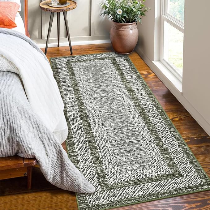 GarveeHome Washable 2.5x10 Kitchen Runner Rug, Easy Clean Geometri Rugs for Hallway Entryway, Indoor Outdoor Non Slip Rug Farmhouse Morden Carpet Door Mat Area Rug for Laundry Room Green