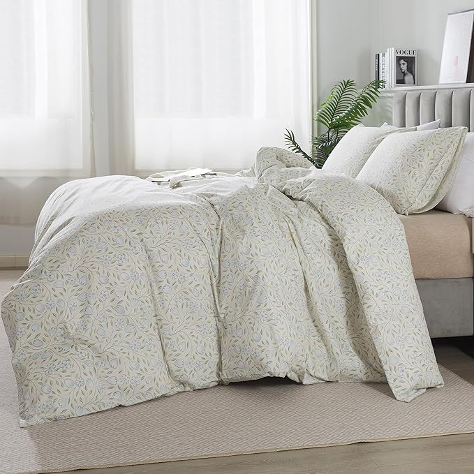 HoneiLife Floral Duvet Cover Queen - 100% Cotton Comforter Cover, Soft & Breathable Bedding Duvet Cover Sets with Zipper Closure & Corner Ties, 3-PC Wildflower Comforter Cover Sets, Early Summer