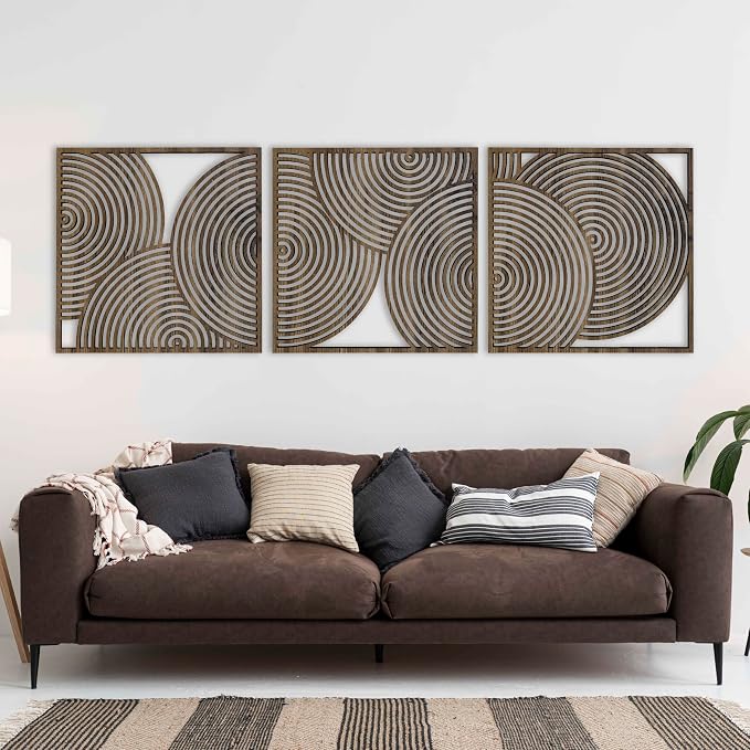 Large Midcentury Modern Wood Wall Art Trio, Geometric Wood Panels with Bold Circular Cutouts, Boho Living Room Decor Above Sofa or Bed #83