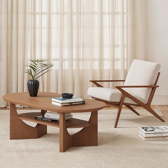 Mid Century Modern Coffee Table, 47" Oval Wood Coffee Tables for Living Room, 2 Tier Curved Round Center Table with Storage Shelf & Sturdy Base, Minimalist Retro Tea Tables, Cherry