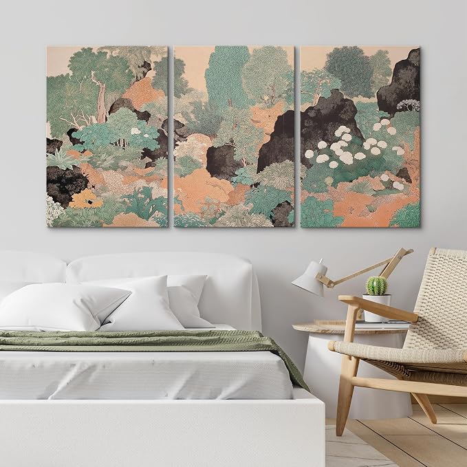 wall26 Canvas Print Wall Art Set Vintage Japanese Garden Landscape Decorative Minimal Relax/Zen for Living Room, Bedroom, Office - 24"x36" x 3