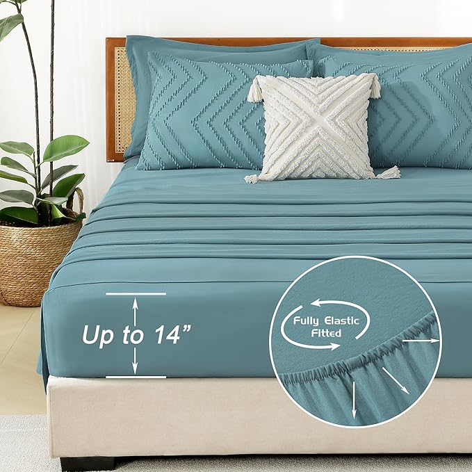 Litanika Super King Size Comforter Set with Sheets Grayish Teal - 7 Pieces Bed in a Bag Oversized King Boho Tufted Complete Bedding Sets with Comforter, Sheets, Pillowcases & Shams