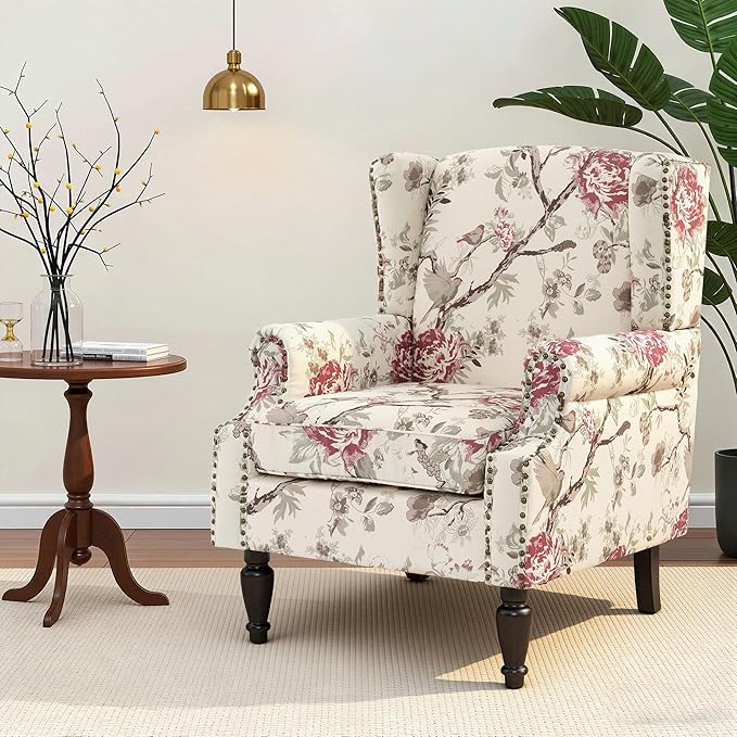 Wingback Chair, High Back Floral Accent Chair in Fabric, Comfy Upholstered Armchair with Nailhead Trim for Living Room, Single Sofa Reading Chair for Small Spaces, Bedroom-Floral Beige