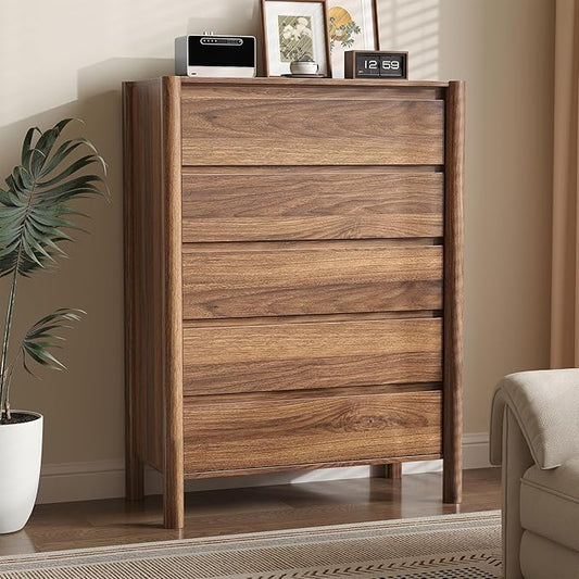 CHUWELL 5 Drawer Dresser for Bedroom，45" Tall Mid Century Chest of Drawers with 5 Large Storage Space and 4 Solid Wood Cylindrical Legs, Large Dresser for Bedroom(Walnut)
