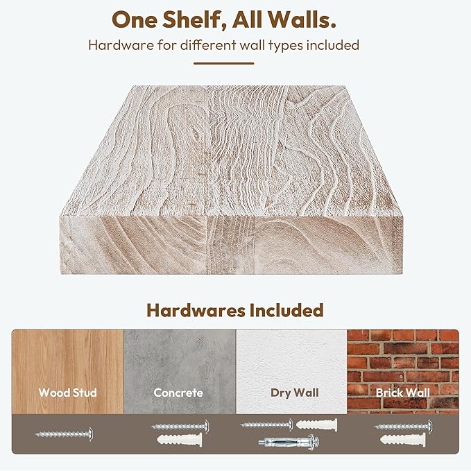 Vivelove Solid Wood Floating Shelves Set of 2, Elm Wood Wall Shelf with Invisible Bracket for Living Room Bedroom Bathroom Office, Rustic Farmhouse Display Shelf, 36 inch - Weathered White