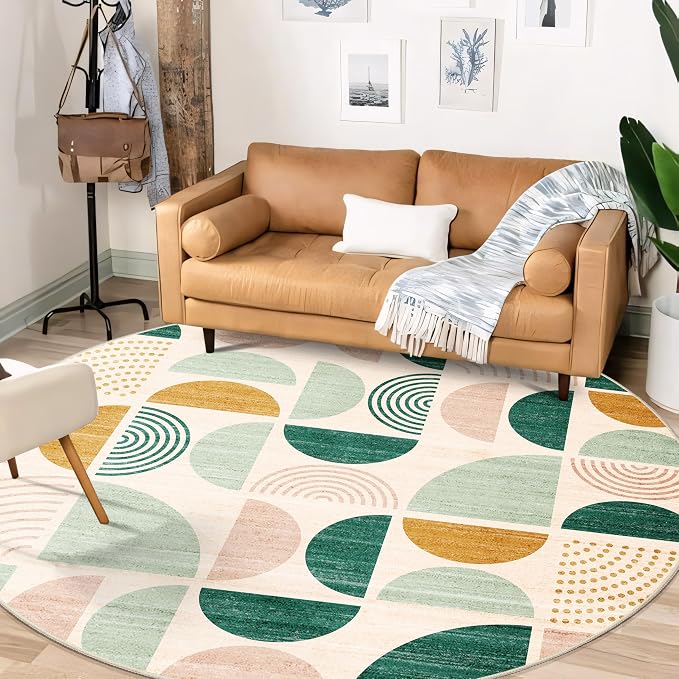 MUJOO Round Rugs 6ft,Circle Area Rug Washable,Circular Rugs for Living Room Dining Room,Large Boho Non Slip Throw Floor Carpet Modern Abstract Sage Green