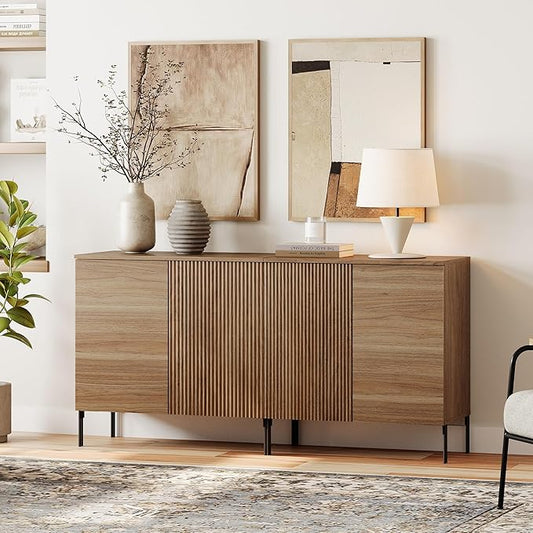 WAMPAT 63" Sideboard Buffet Cabinet with 4 Doors and Adjustable Shelves, Fluted Storage Cabinet, Modern Credenza Coffee Bar Wine Bar Table for Kitchen, Dining Room, Living Room, Light Walnut