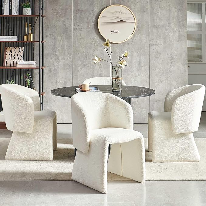 NORDICANA 5-Piece Round Dining Table Set for 4, Modern 47-Inch Kitchen Table and Chair Set, Dining Set with Off White Upholstered Armchairs, Manufactured Wood Top with Black Marble Effect Finish