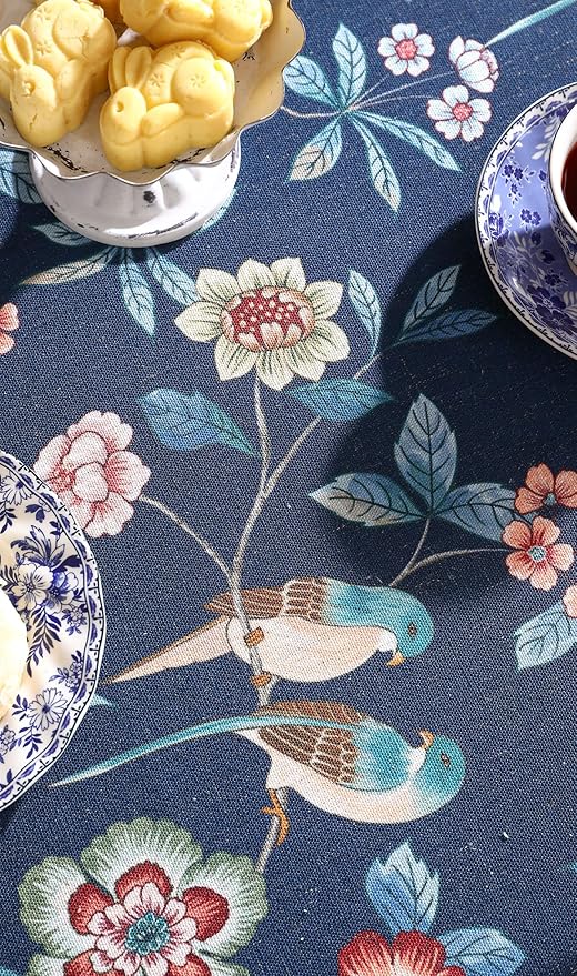 patdrea Designer Vintage Dark Blue Linen Rectangular Tablecloth,Navy French Floral and Birds Pattern Table Cloth,Decoration Table Cover for Kitchen,Dining,Tea Party,Home,Christmas,55"*79"