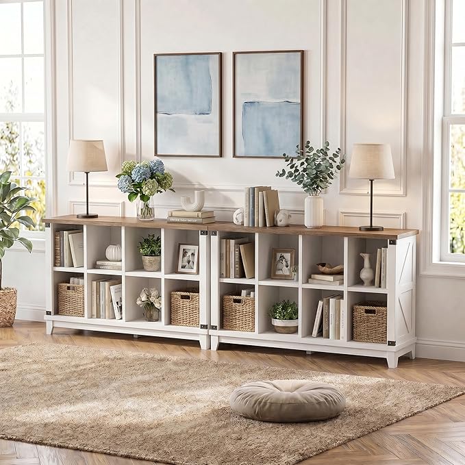 EnHomee 8-Cube Storage Organizer, Farmhouse Bookshelf, Display Shelf for Living Room, Bedroom, Home Office, White