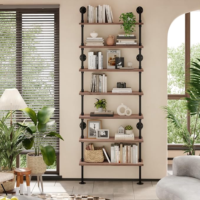 7 Tier Industrial Wall Mounted Ladder Shelf Bookcase, Rustic Wood Metal Pipe Industrial Shelves for Living Room Decor and Storage (Weathered Brown, 7 Tier - 10" D x 36" W x 95.5" H)