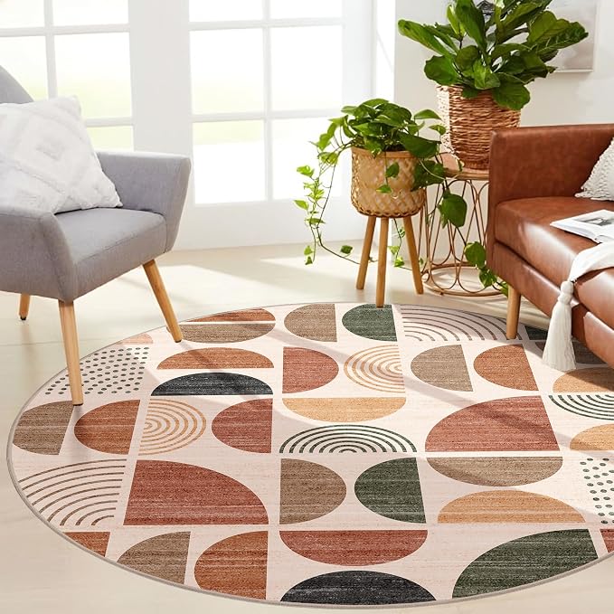 MUJOO Round Rugs 6ft,Circle Area Rug Washable,Circular Rugs for Living Room Dining Room,Large Boho Non Slip Throw Floor Carpet Modern Abstract Bohemian Terracotta