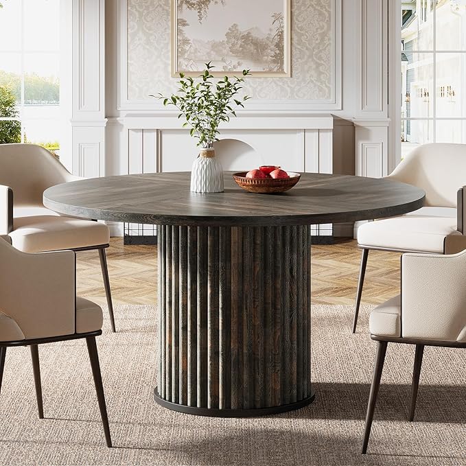 Tribesigns 47.24-Inch Round Dining Table for 4-6 People, Modern Fluted MDF + Metal Base Kitchen Table, Sturdy Circle Dining Room Furniture, Black Brown