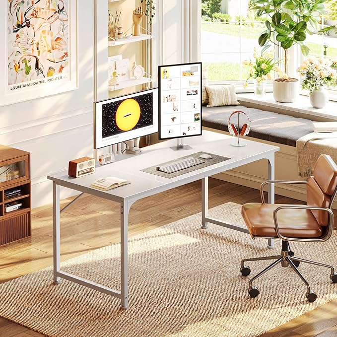 PRAISUN 47 Inch Computer Desk, Home Office Desk with Spacious Desktop, Modern Gaming Desk, Writing Study Table for Bedroom, Small Spaces, Work from Home Desk with Metal Frame, White