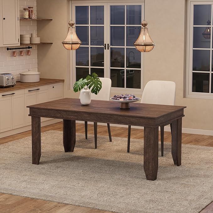 GarveeHome Farmhouse Dining Table for 4-6 People, 63 in Long Kitchen Tables with Wooden Sturdy Frame, 5 ft Large Rectangular Dinner Table for Dining Room, Kitchen, Dark Walnut, 63" Non-extendable