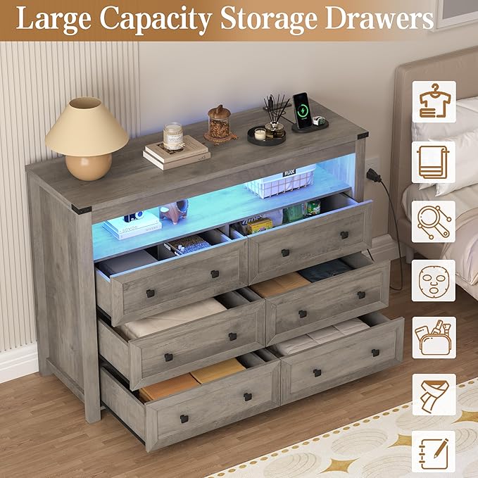 Grey Dresser 6 Drawer Dressers for Bedroom with LED Lights, Charging Station, Wood Chest of Drawers with Metal Handles, Modern TV Stand Storage Cabinet for Living Room, Hallway, Entryway, Gray
