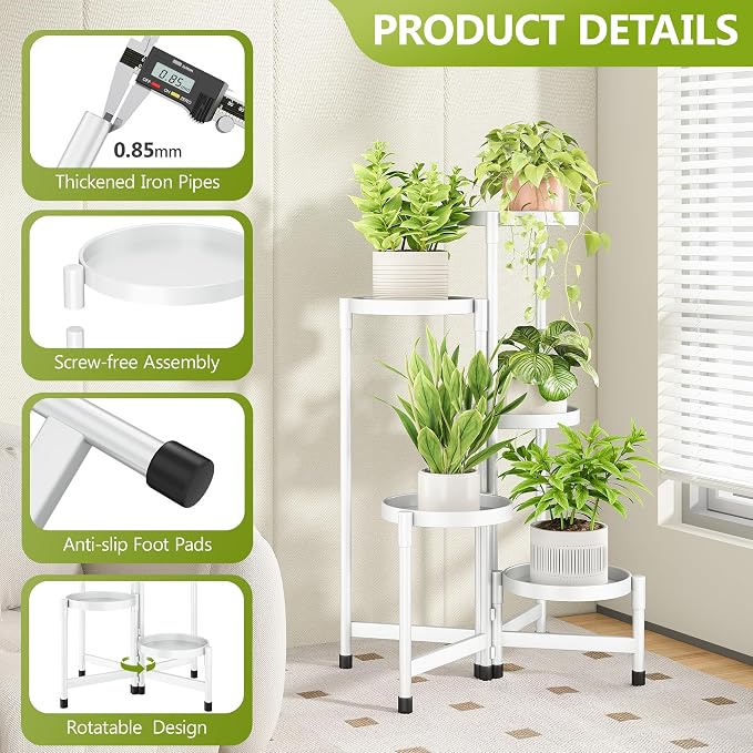 Cawukege 5 Tier Plant Stand Indoor, Tiered Plant Stand Outdoor for Multiple Plants, Corner Plant Shelf for Patio Balcony Porch Garden Living Room House,White