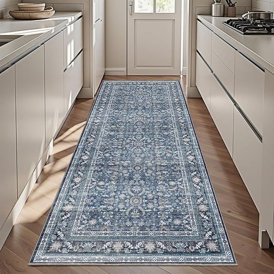 OPPODREAM Vintage Blue 3x6 Runner Rug, 3 x 6 Retro Washable Rug Non Slip, Low-Pile Faux Wool Carpet, Distressed Navy Floor Mat for Kitchen, Hallway, Entry-Way, Entrance, Indoor Back Door