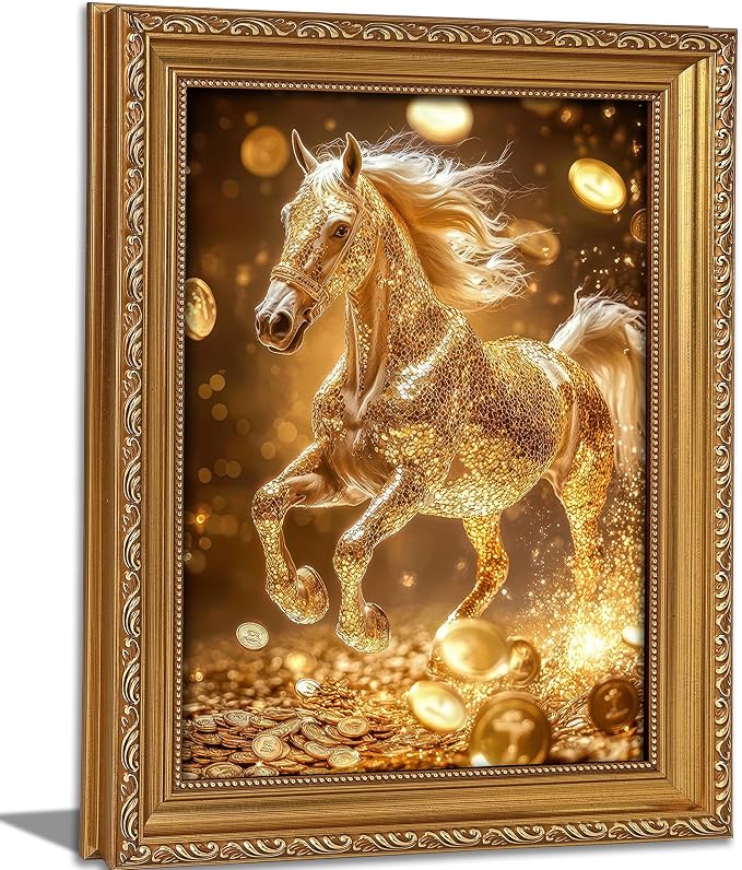 Vintage Gold Framed Gold Horse wall art Golden Money and Horse Wall Decor Wealth and Horses print artwork for office Business People Living Room home decor 16X24in