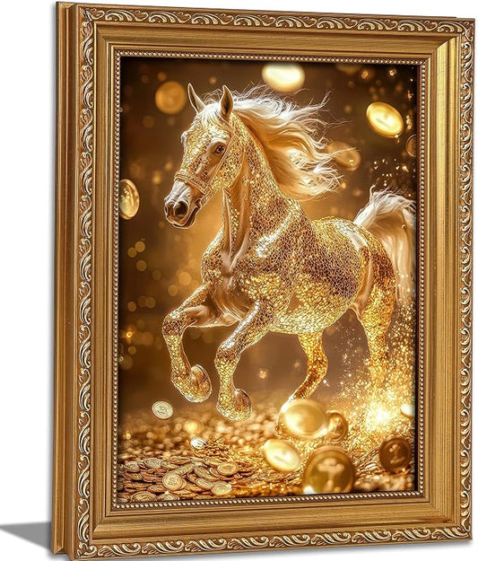 Vintage Gold Framed Gold Horse wall art Golden Money and Horse Wall Decor Wealth and Horses print artwork for office Business People Living Room home decor 16X24in